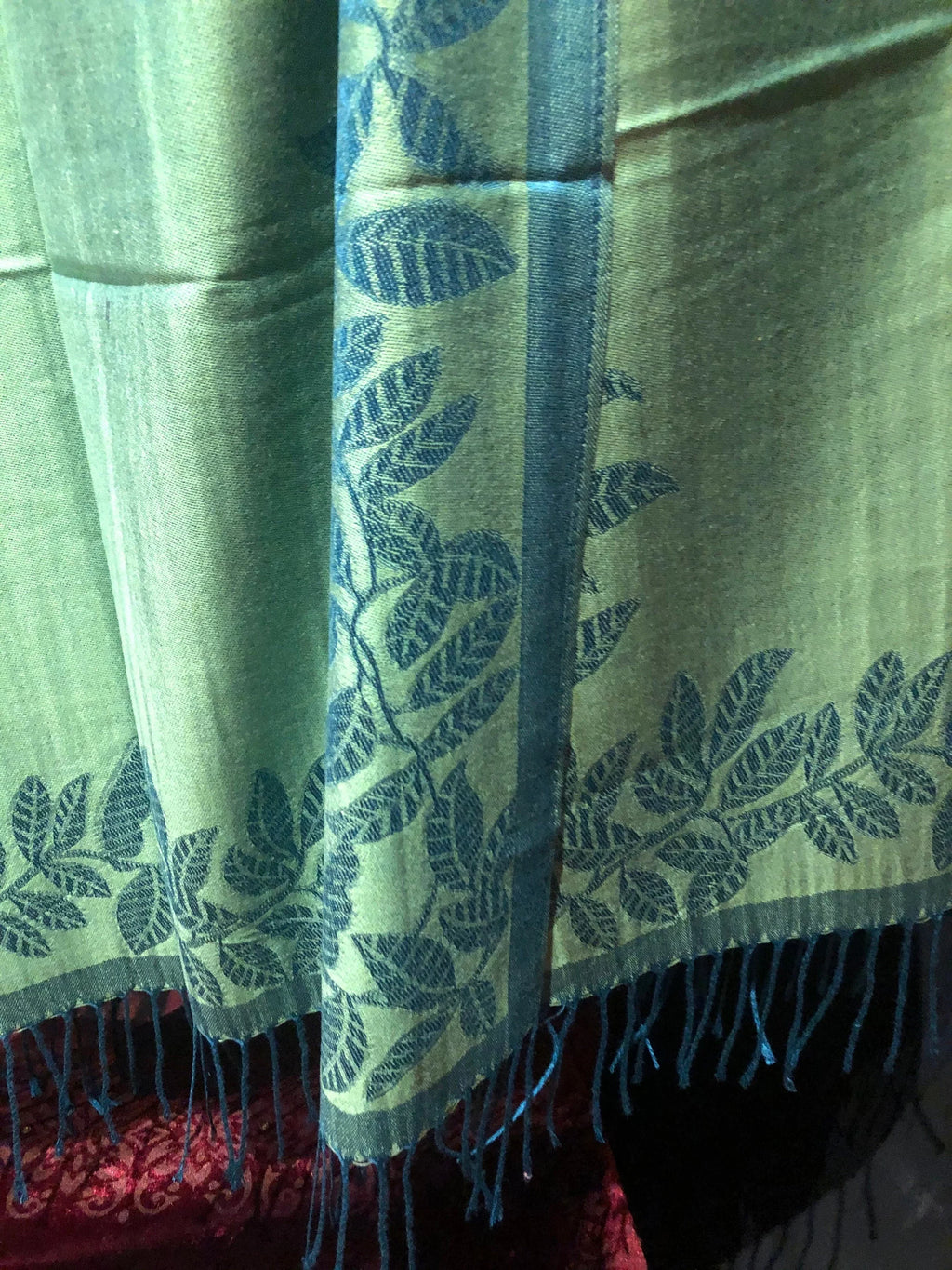 Vintage Teal blue and Green Vine Brocade Reversable Pashmina Sizecarf Wrap shawl