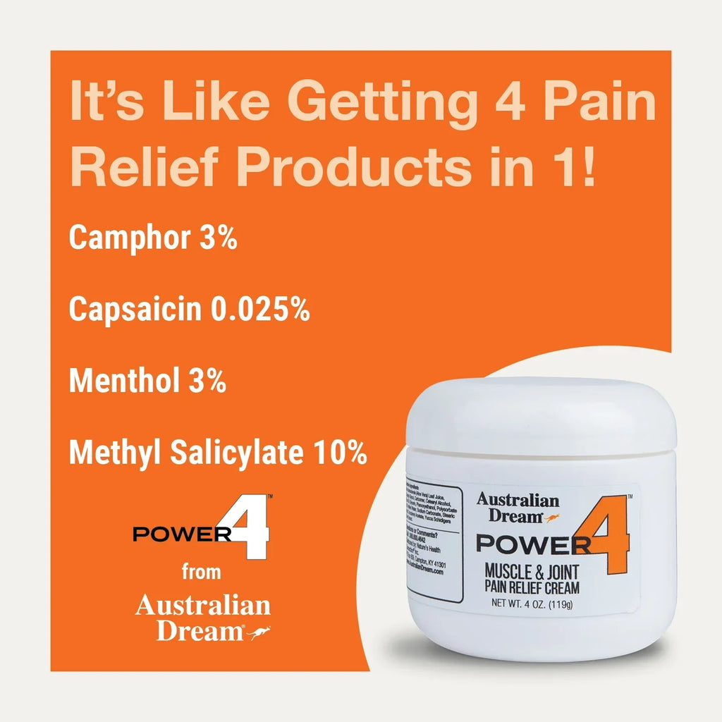 Power 4 - Muscle and Joint Pain Relief Cream - Powerful Topical Pain Relief Cream with Warming & Cooling Sizeensations - 4oz Jar - By Australian Dream