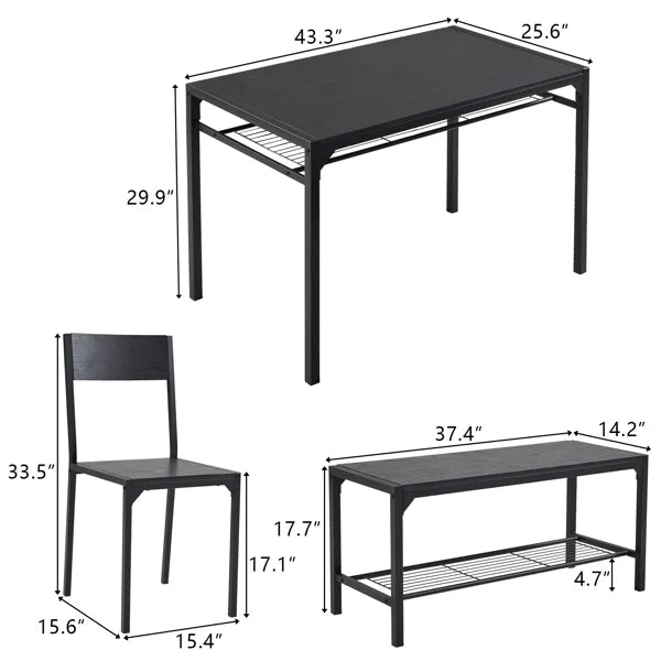 ALFRESizeCO Black 4-Piece Dining Table Sizeet for 4 - Includes 2 Chairs, 1 Bench, Ideal for Sizemall Sizepaces