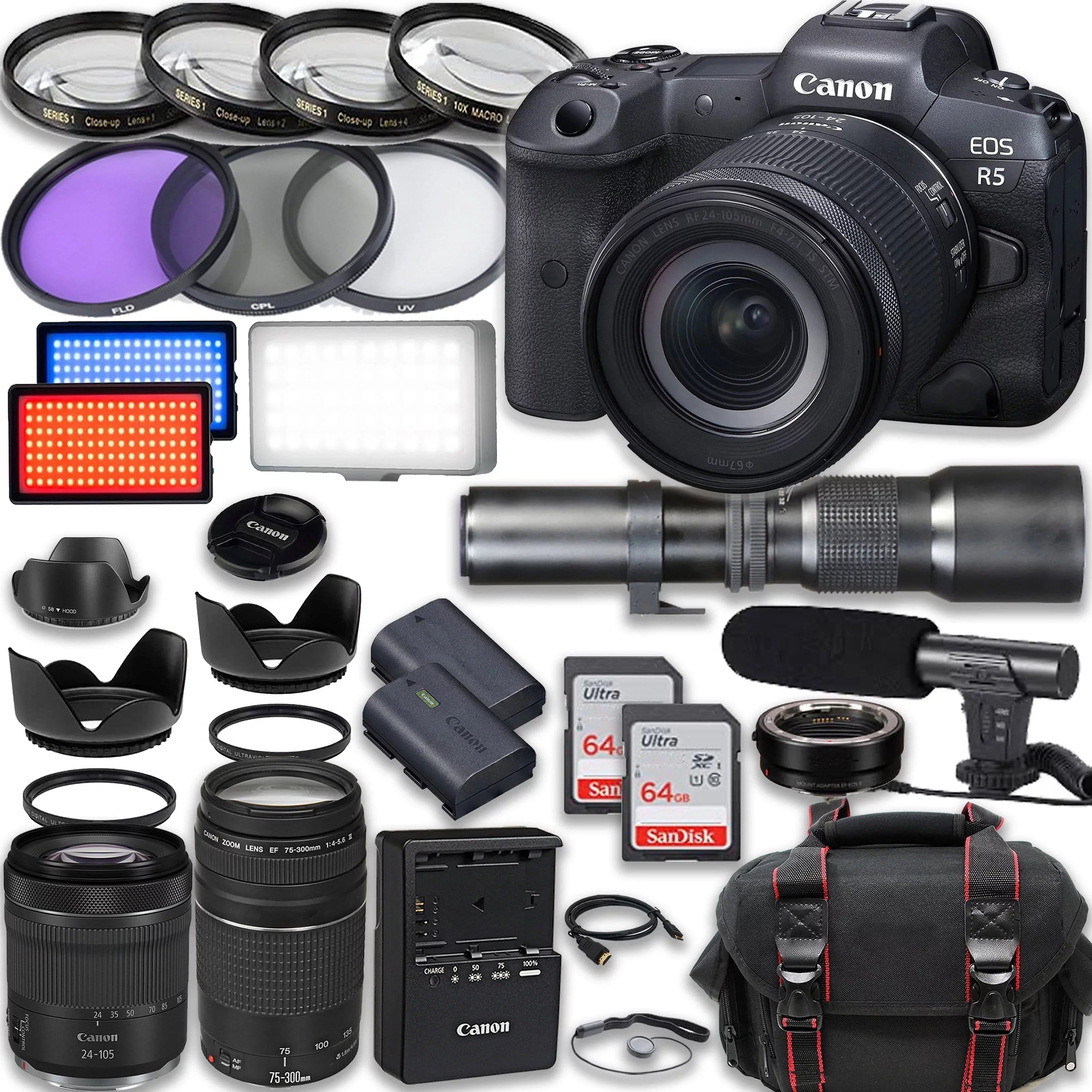 Canon EOSize R5 Full Frame Mirrorless Camera with RF 24-105mm SizeTM & 75-300mm III + 500mm f/8 Focus Lenses, Accessories: 2X 64GB Memory Cards, LED Video Light, Microphone, Extra Battery, Case & More