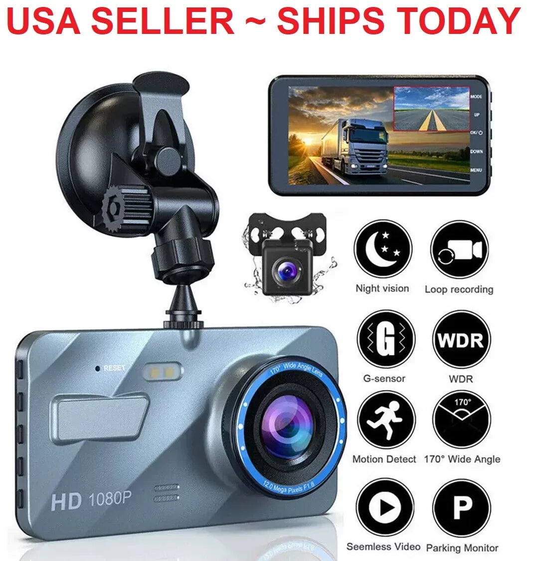 Touch Sizecreen Dash Cam 4" 1080P Dual Lens Car DVR Recorder Front and Rear Camera