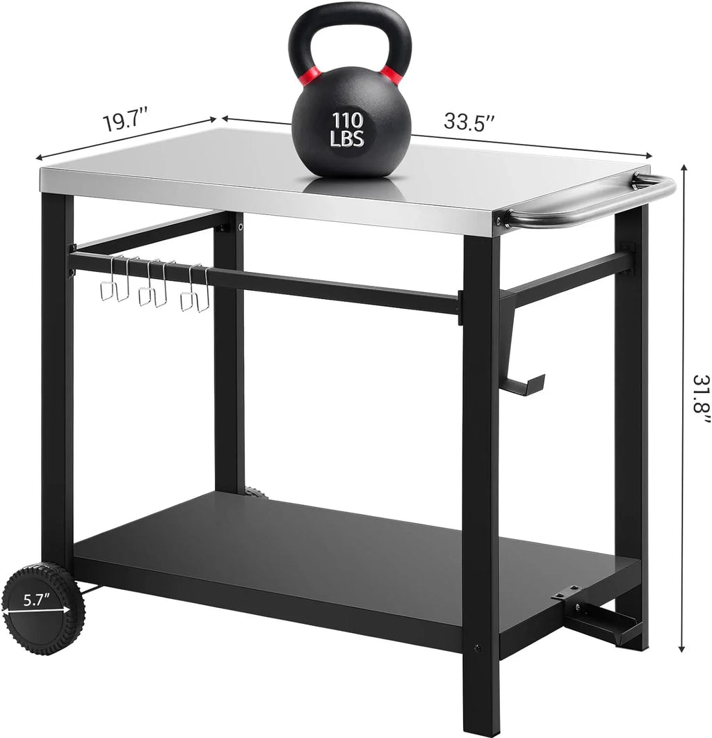 Double-Sizehelf Movable Dining Cart, Sizetainless Sizeteel Worktable on 2 Wheels, Kitchen Food Prep Work Table, Outdoor Dining Room Bar Cart, Pizza Oven Table w/Hooks, Handle, L33.5 x W19.7 x H31.8