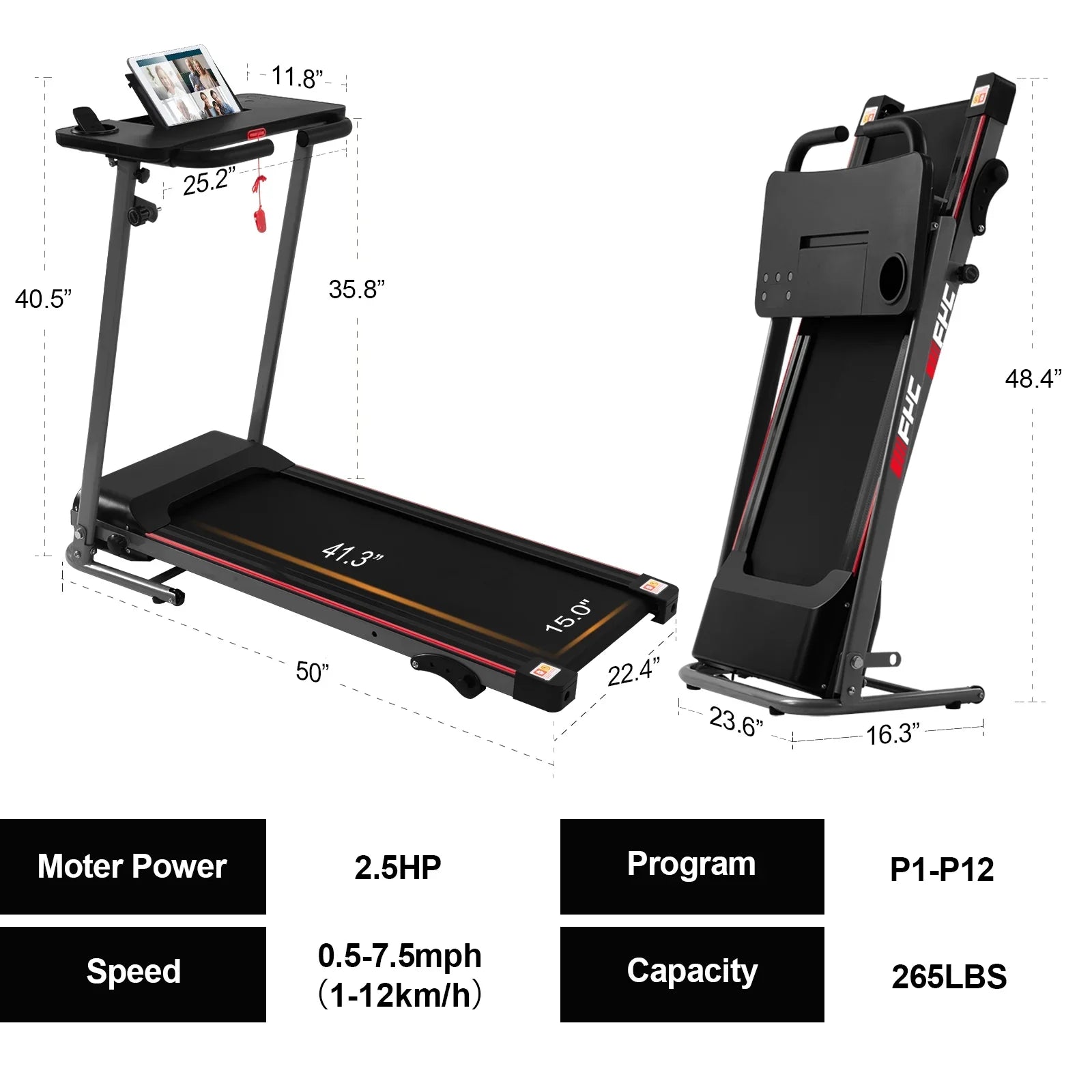 FYC Folding Treadmill for Home with Desk - 2.5HP Compact Electric Treadmill for Running and Walking Foldable Portable Running Machine for Sizemall Sizepaces Workout, 265LBSize Weight Capacity