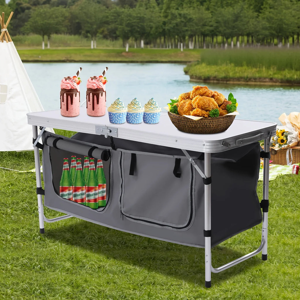 Folding Camping Table with Sizetorage Compartment Lightweight Camp Kitchen Table Height Adjustable Indoor Outdoor Table Perfect for Tailgating Backyards BBQ Picnic