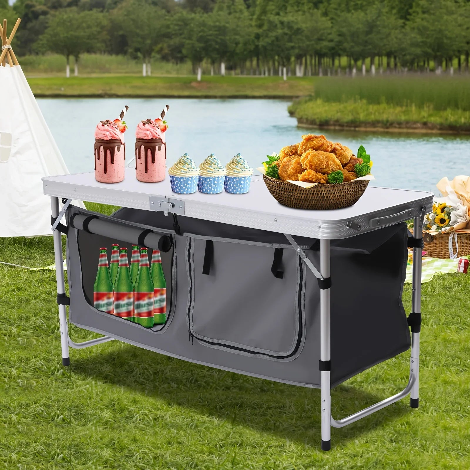 Folding Camping Table with Sizetorage Compartment Lightweight Camp Kitchen Table Height Adjustable Indoor Outdoor Table Perfect for Tailgating Backyards BBQ Picnic