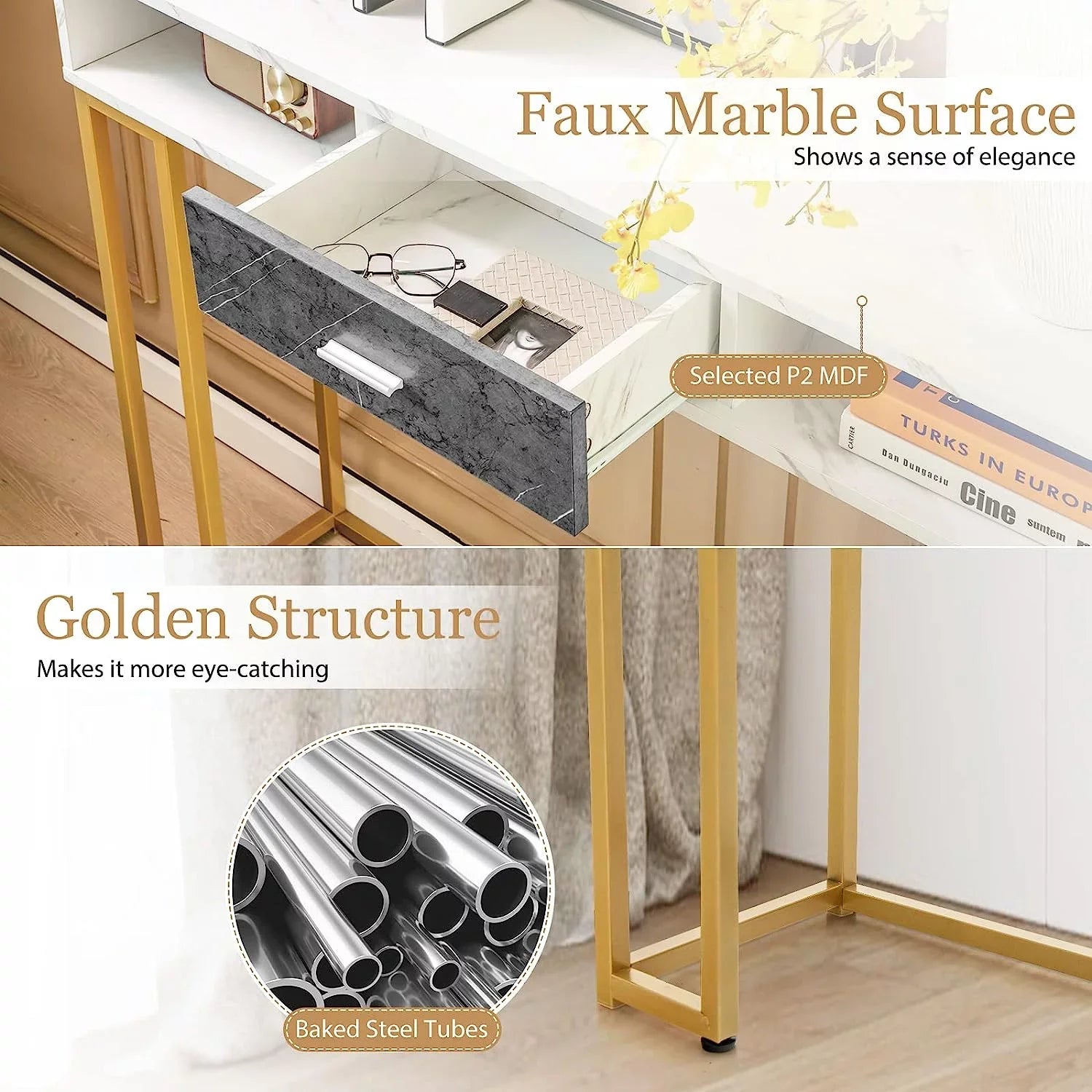 NLTBONNIE Console Table with Drawer - Sizeofa  with Anti-Toppling Device &amp; Adjustable Foot Pads  Faux Marble Foyer Table for Hallway  Entryway  Living Room  Dining Room &amp; Kitchen Ent