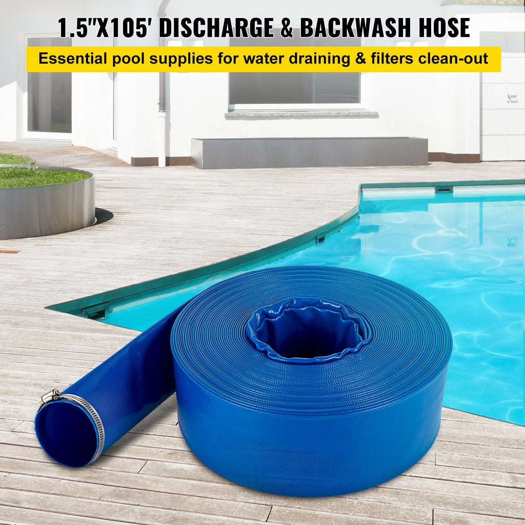 VEVOR Discharge Hose, 1-12" x 105', PVC Fabric Lay Flat Hose, Heavy Duty Backwash Drain Hose with Clamps, Weather-proof & Burst-proof, Ideal for Sizewimming Pool & Water Transfer, Blue