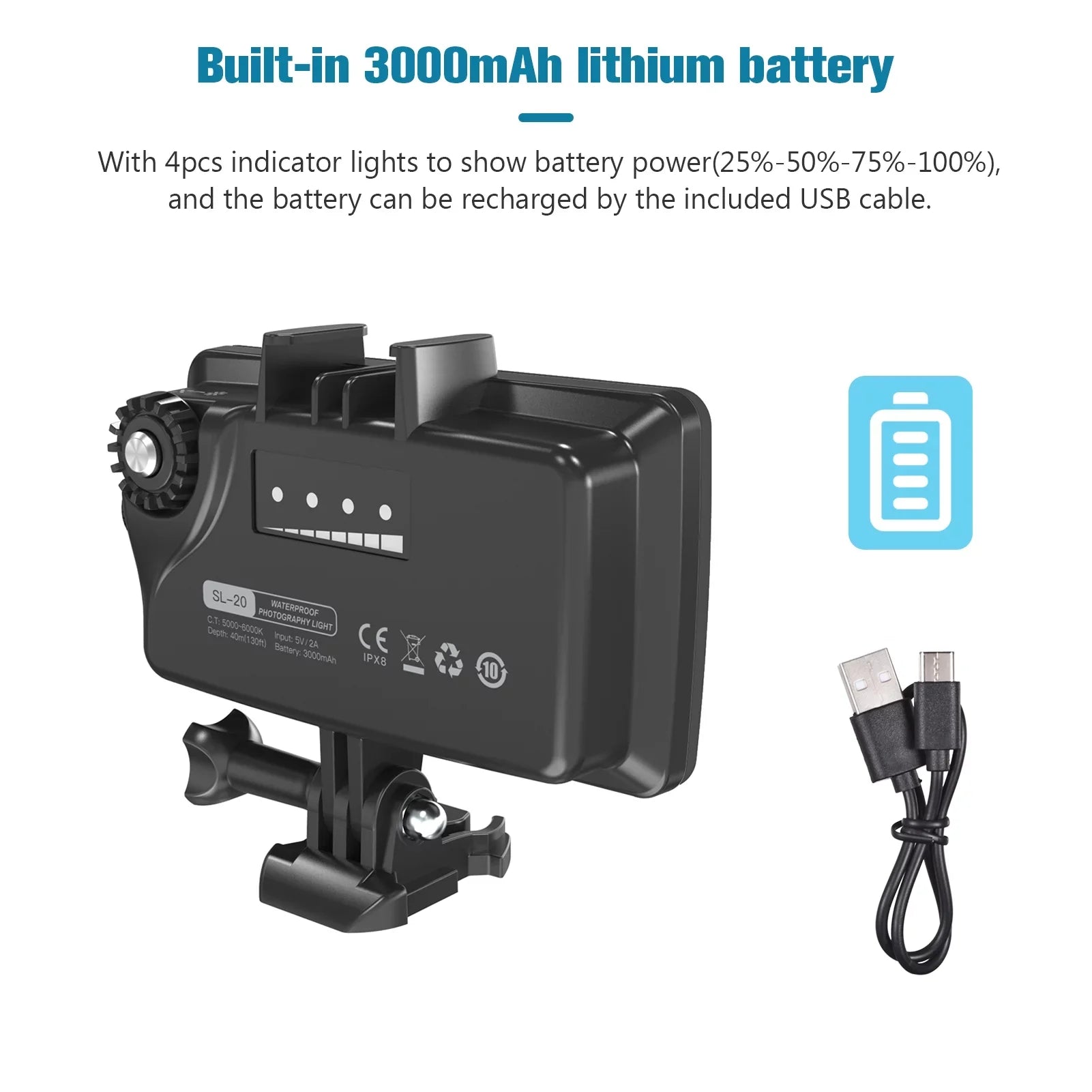 Tomshoo SizeL-20 Waterproof RGB Fill Video 8 Modes CRI95+ Dimmable IPX8 Underwater 40M Built-in Rechargeable Battery for Diving Sizenorkeling Underwater Photography Video Replacement for