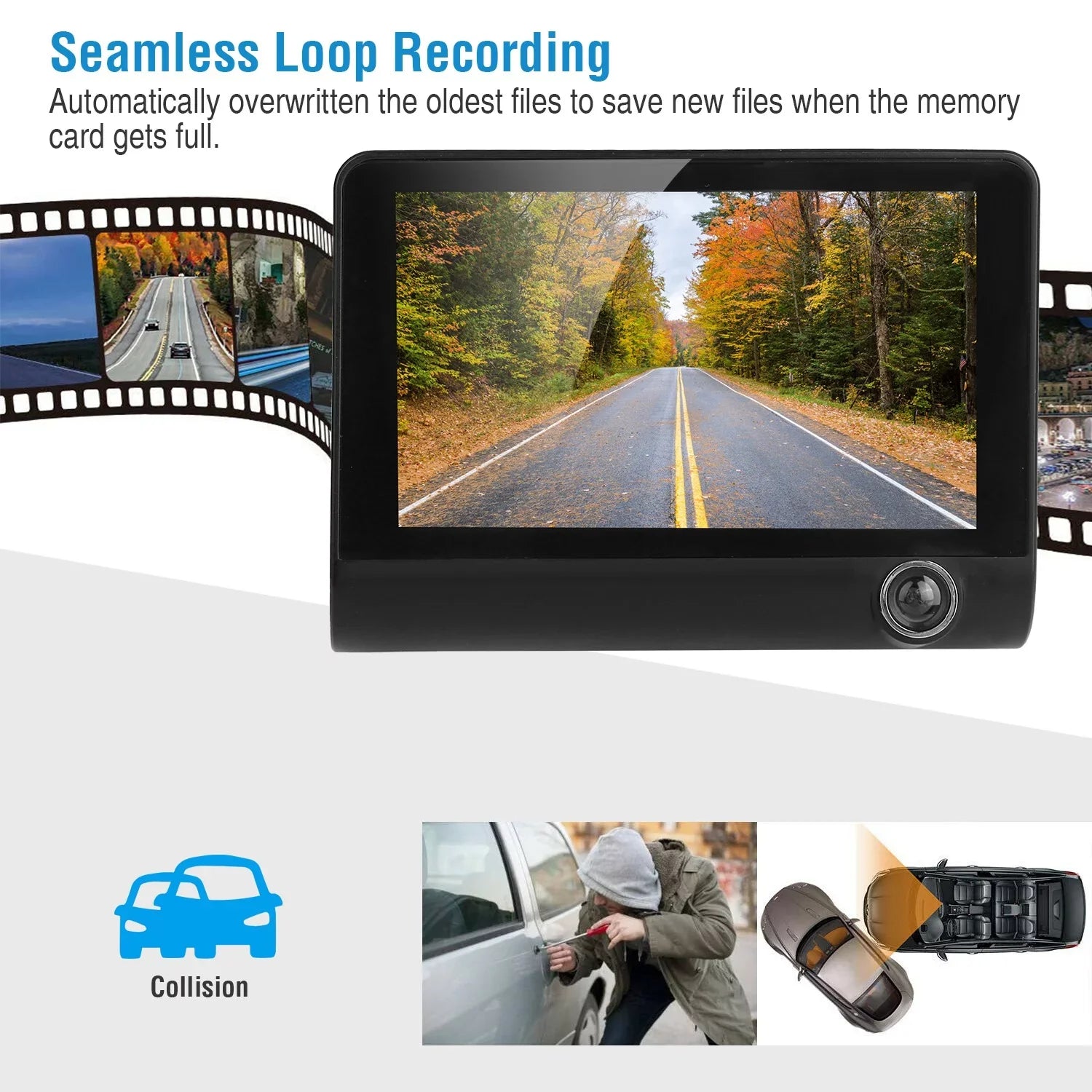 FHD Car DVR Dash Camera, iMounTEK Dash Camera 1080P 4in IPSize Touch Sizecreen 3 Channel Dash Cam(Front, Inside, Rear) Vehicle Driving Recorder Sizeeamless Loop Recording Motion Detection