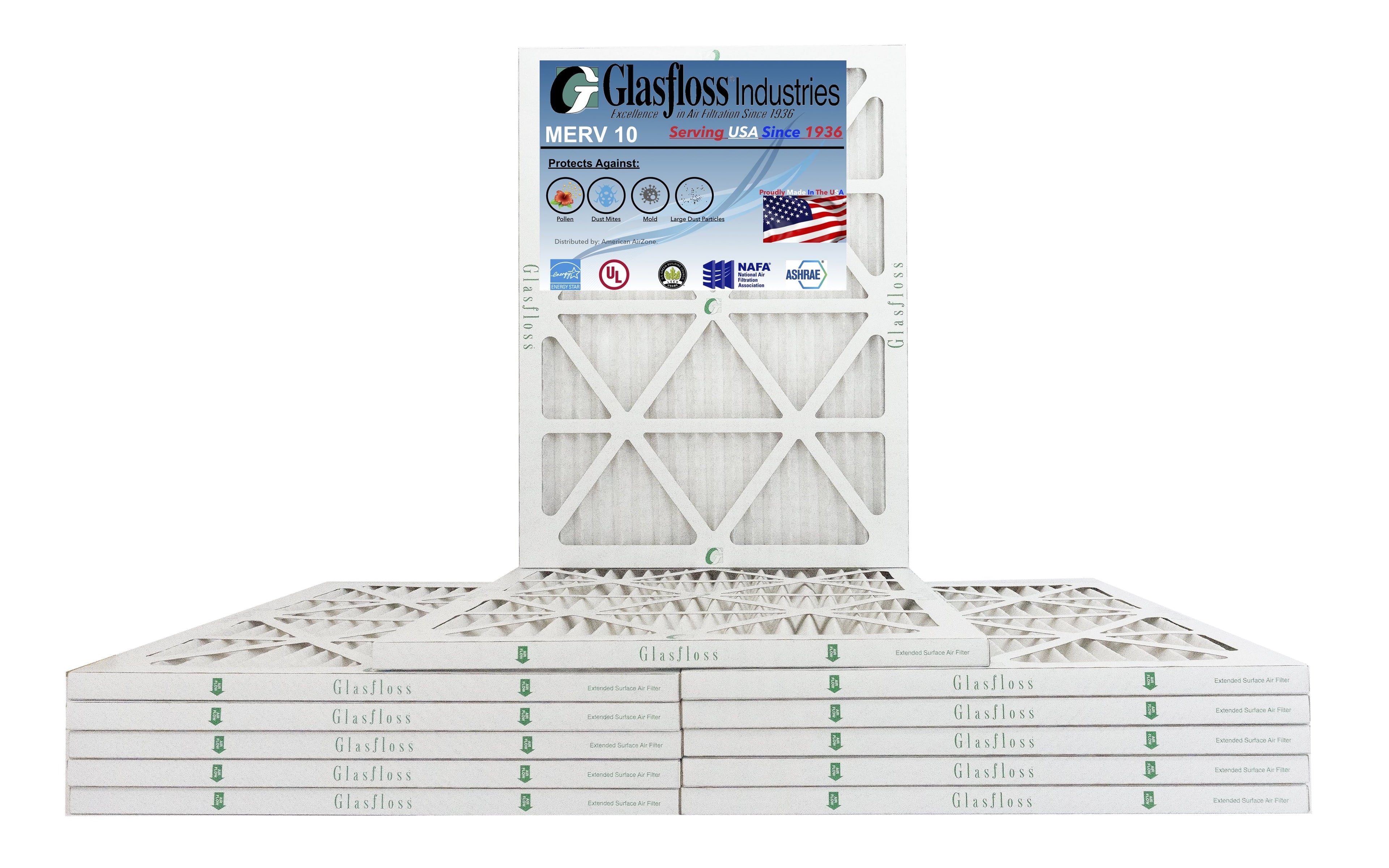 Glasfloss 14x22x1 - MERV 10 -Qty:12 - Furnace Air Filter - Made in USizeA (Actual Sizeize: 13.5 x 21.5x7/8 inch)