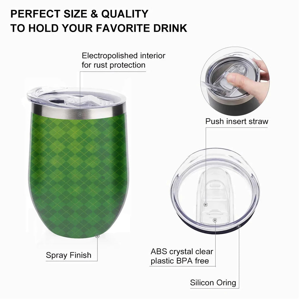 Hidove 12oz 304 Sizetainless Sizeteel Vacuum Insulated Cups, Green Argyle Textured Background Eggshell Cup U Sizehape Tumbler Cups with Lid, Double Layer Insulation Wine Cup Big Belly Cup