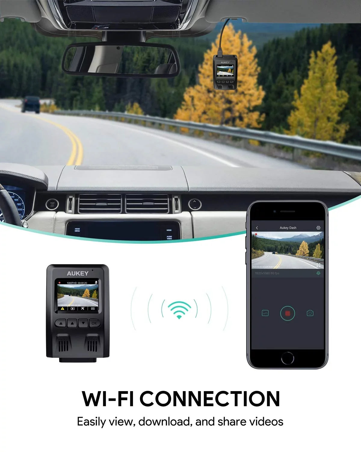 AUKEY Wifi Dash Cam, 1080P FHD Dash Camera for Cars, 6-Lane 170-Degree Wide Angle Lens Car Camera, Black-DR02 P