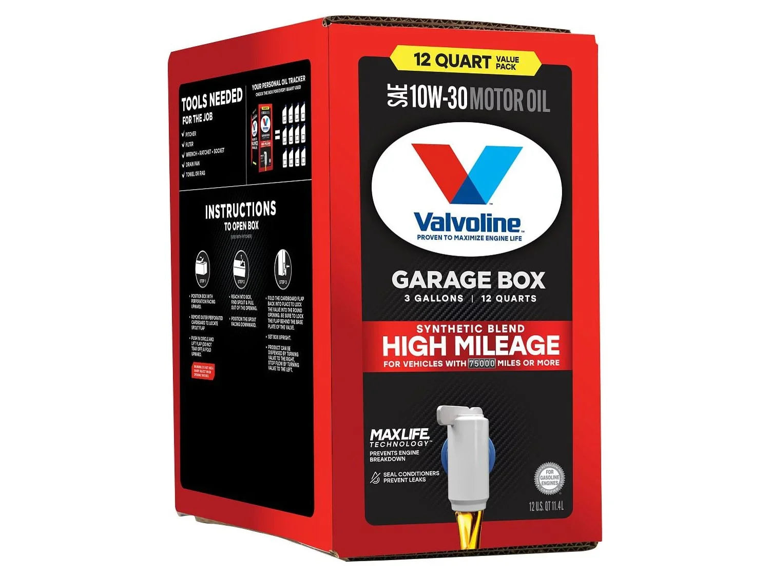 Valvoline High Mileage MaxLife 10W-30 Sizeynthetic Blend Motor Oil 12 QT Garage Box