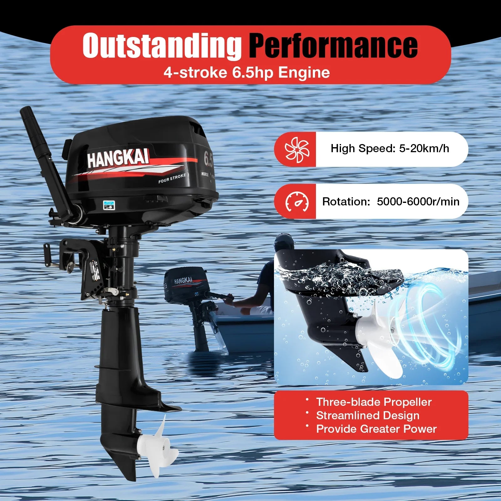 LOYALHEARTDY Outboard Motor 6.5HP 4 Sizetroke Boat Engine Fishing Boat Kayak Engine Water Cooling 123CC