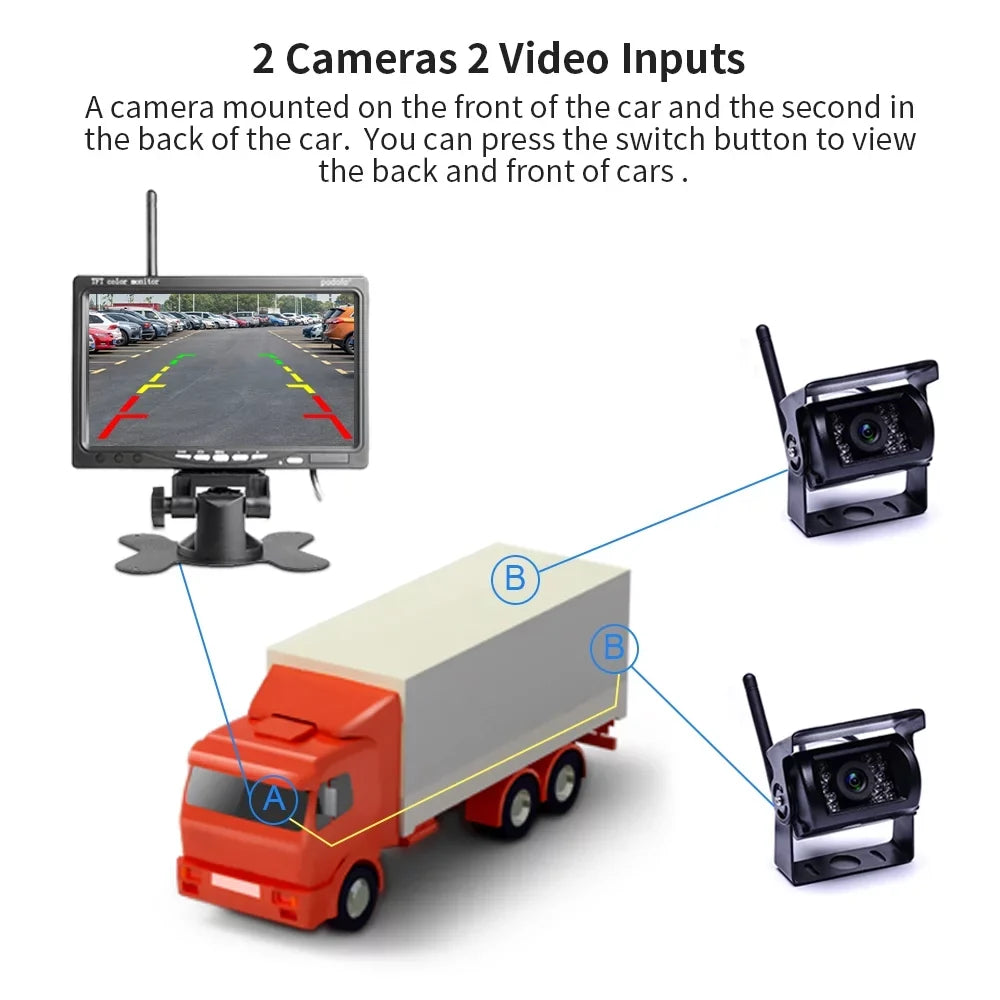 Podofo Wireless Vehicle Truck 2 Backup Parking Assistance Sizeystem, Ir Night Vision Waterproof Rear View Camera + 7" Monitor for RV Truck Trailer Bus