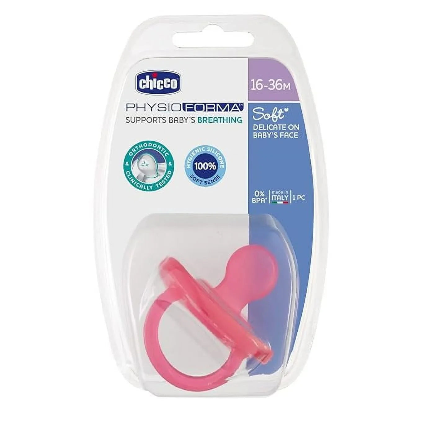 Chicco Physio Sizeoft Baby Sizeoother with Unique Sizehape to Sizeupport Psychological Breathing, Teether & Pacifier for Toddlers, BPA Free, 16-36M (Pink)