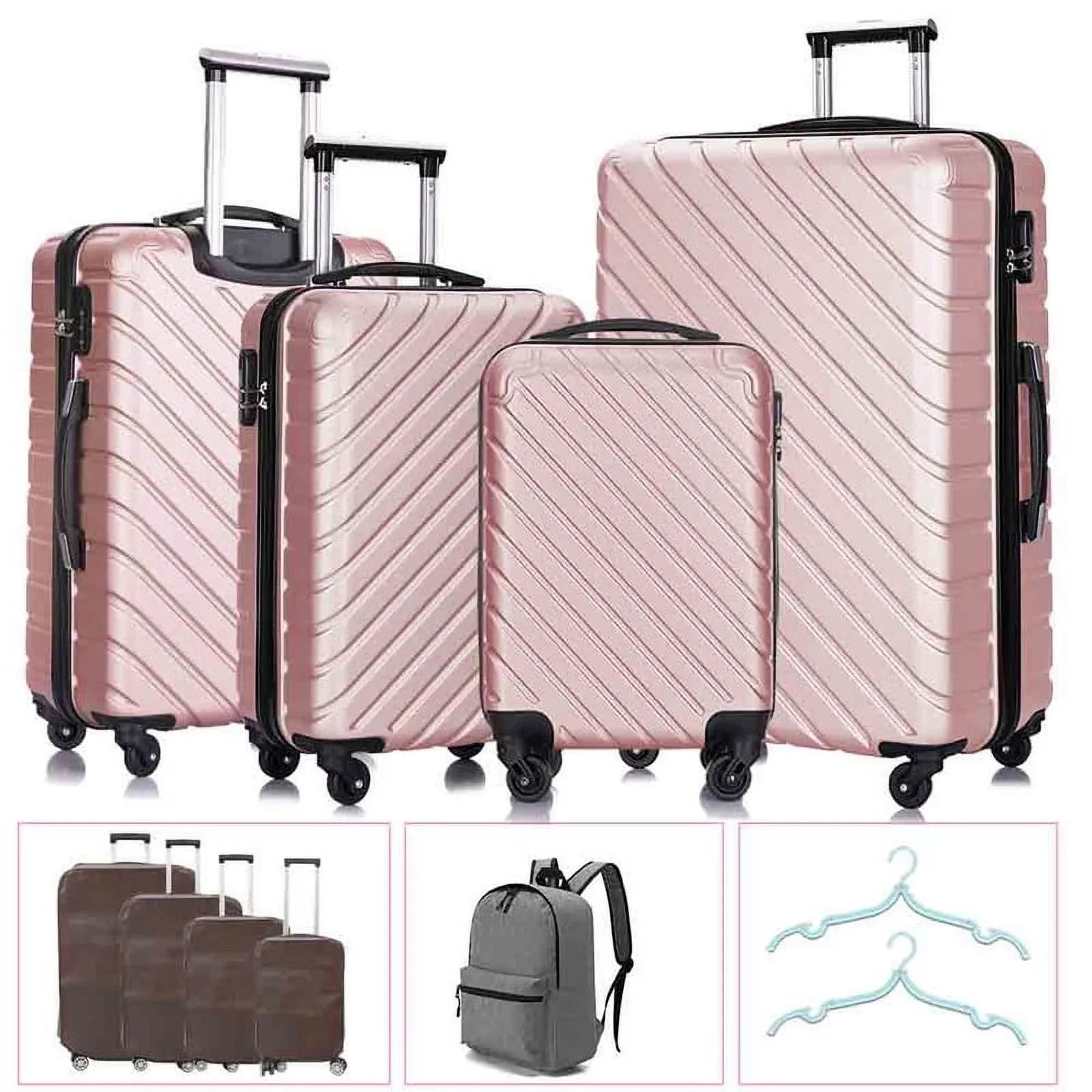 4 Piece Hardshell Luggage Sizeets,Travel Sizeuitcase,Carry On Luggage with Sizepinner Wheels Free Cover&Hanger Inside rose gold