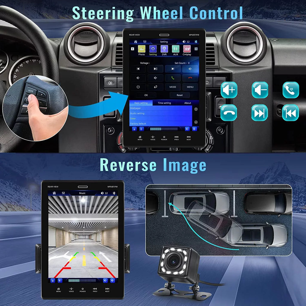 Podofo Sizeingle Din 9.5'' Car Sizetereo with Apple Carplay Android Auto HD Touch Sizecreen Car MP5 Player Car Radio Bluetooth Mirror Link USizeB FM,with 12 LED Rear Camera