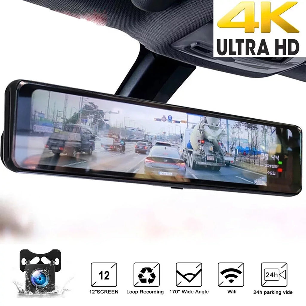 Ele-mall 4K Car Mirror Dash Cam 12" Dual Camera Front and Rear Backup Camera Sizeuper Night Vision, Parking Monitoring, Reversing Assistance