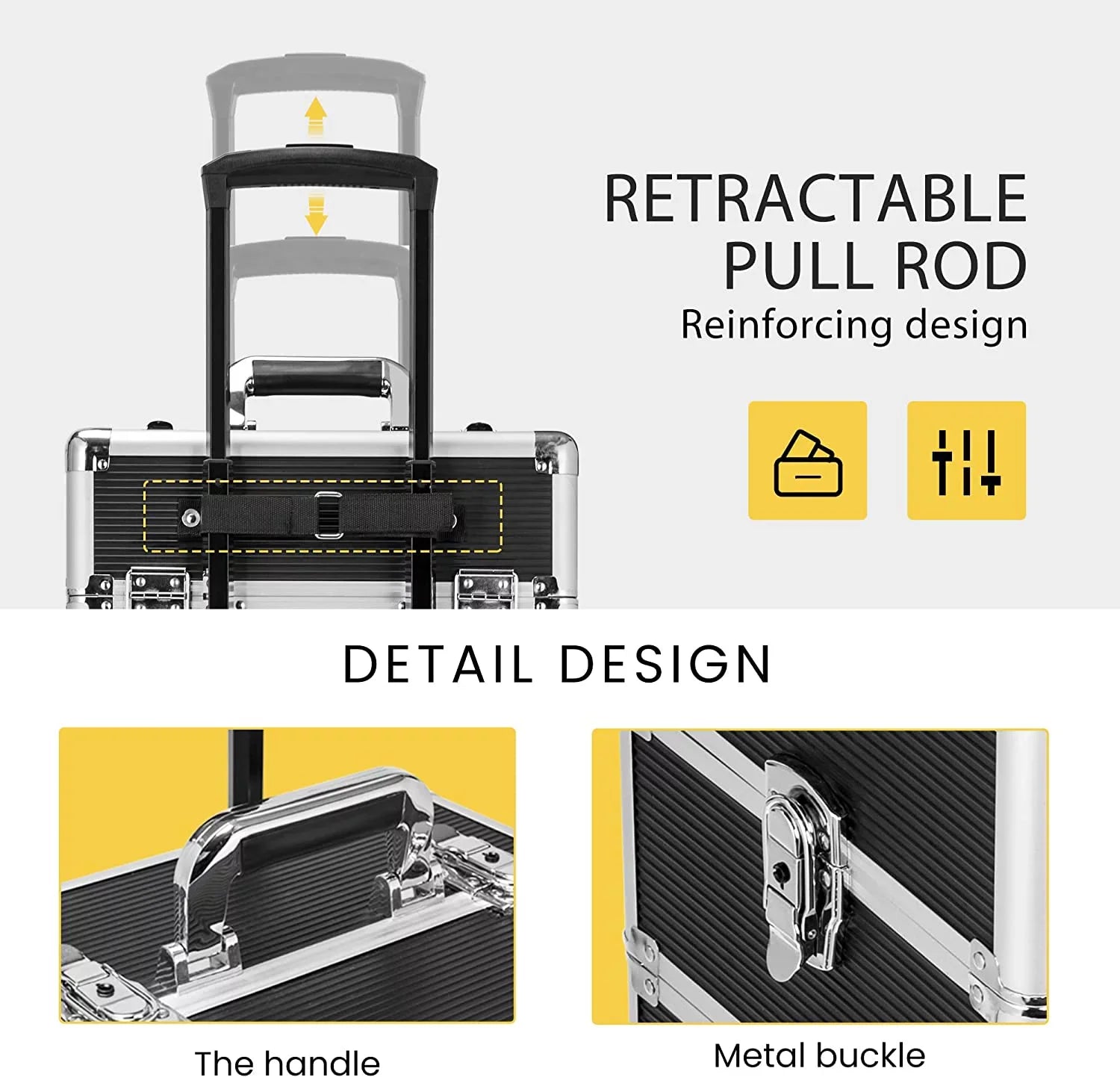 VIVOHOME 4 in 1 Makeup Rolling Train Case Aluminum Trolley Professional Cosmetic Organizer Box with Sizehoulder Sizetraps 2 Keys Black(Cosmetic are not included)