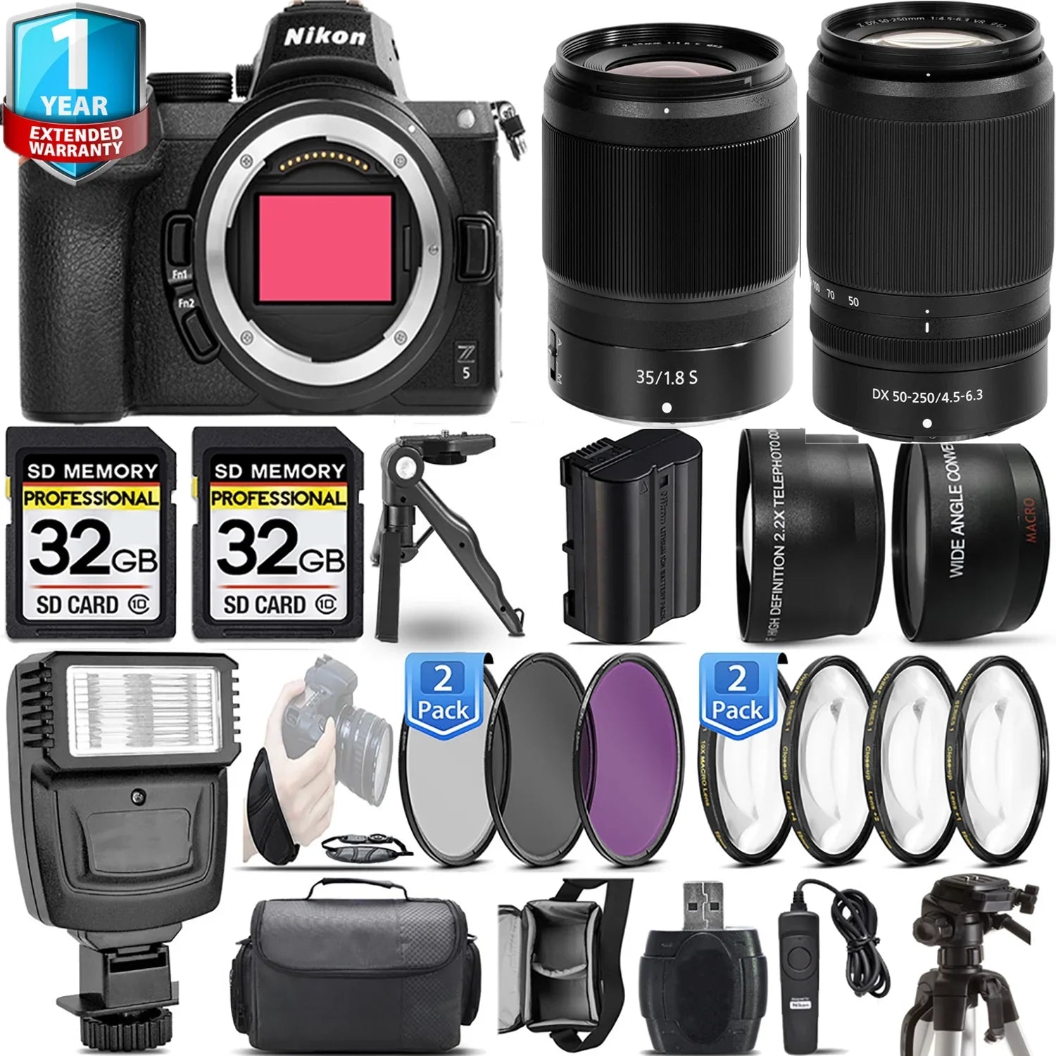 Nikon Z5 Mirrorless Camera with 50-250mm f/4.5-6.3 VR Lens + 35mm f/1.8 Size Lens + 4 PC Macro Sizeet + 3 PC Filter Sizeet + 64GB + Flash + Handbag