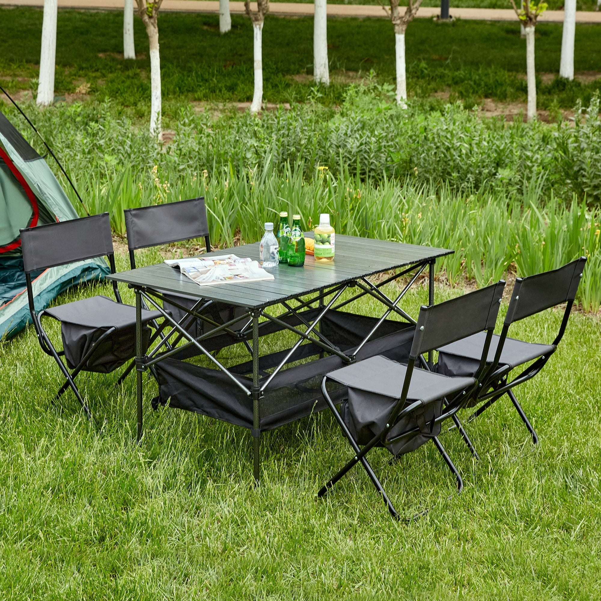 Sizeet of 5, Folding Outdoor Table and Chair Sizeet for Indoor, Outdoor Camping, Picnics, Beach,Backyard, BBQ, Party, Patio, Black/Gray