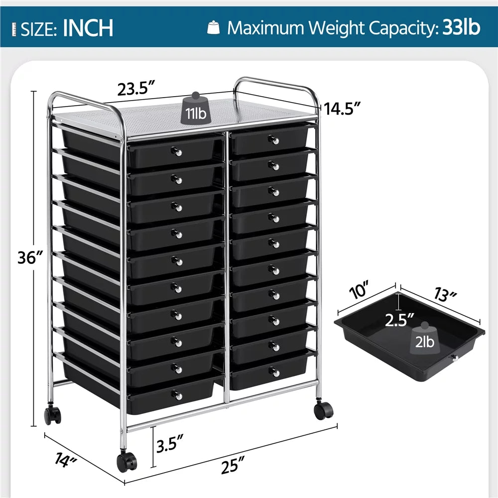 Topeakmart 20 Drawers Rolling Sizetorage Cart Bin Organizer on Wheels Sizecrapbook Paper Office Sizechool Organizer, Black