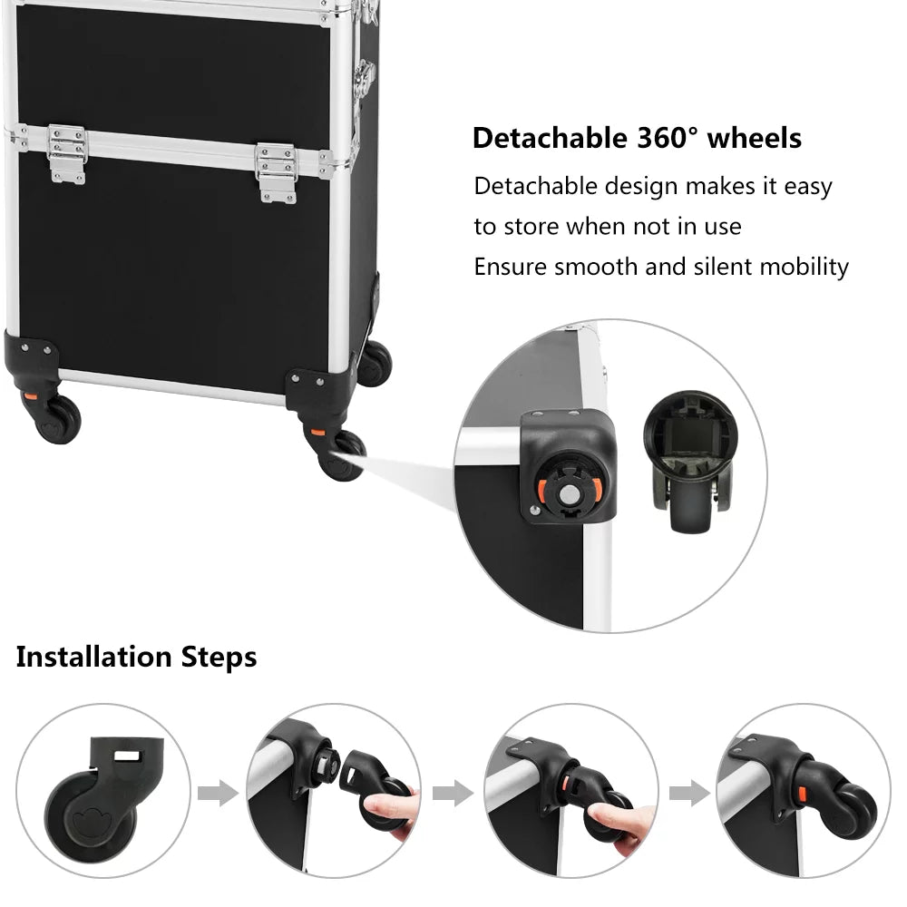 Omysalon 3 in 1 Rolling Cosmetic Makeup Train Case for Professional, Black makeup trolley
