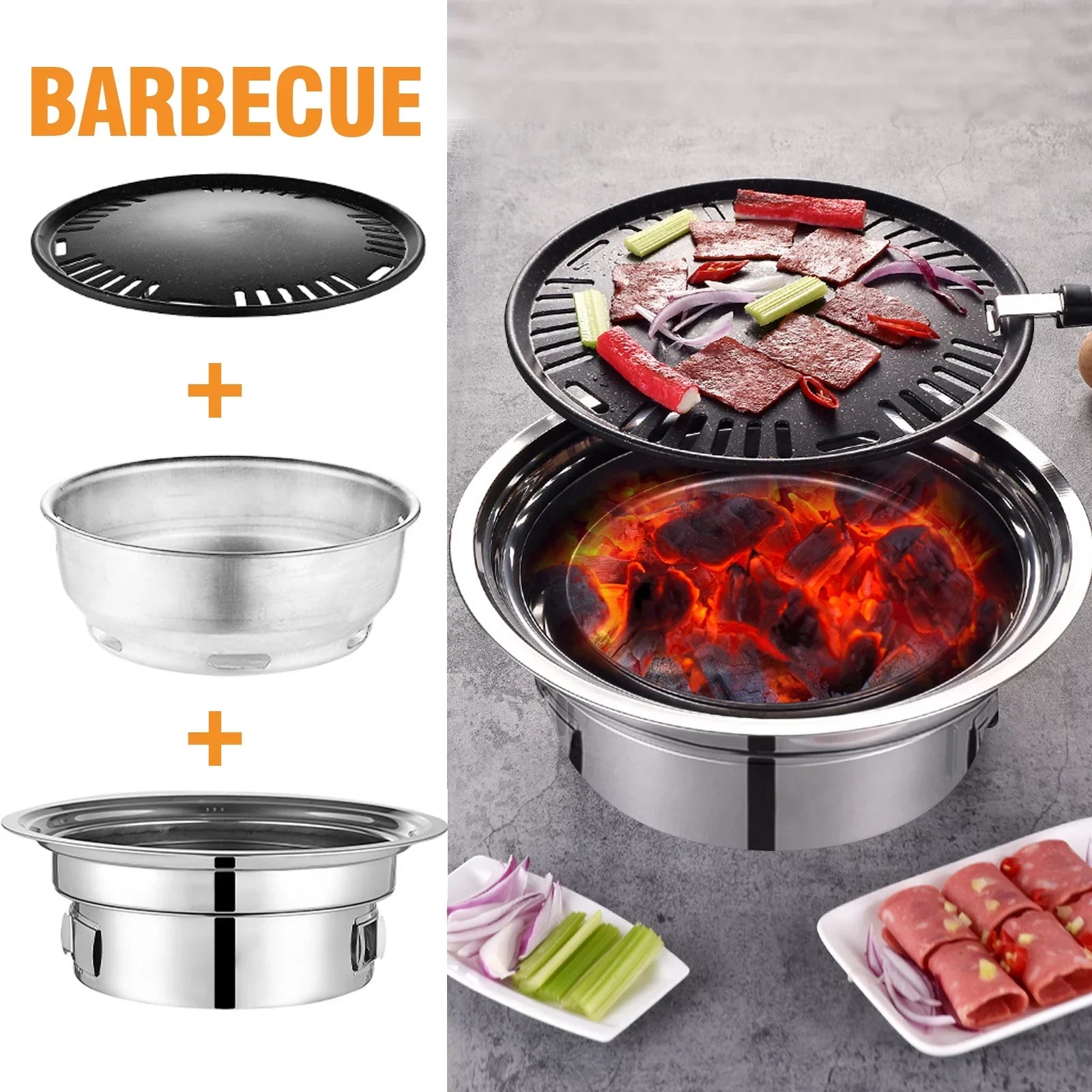 BBQ Charcoal Grill, Portable Household Korean Grill, Sizemoker Grill Non-stick Round Carbon Barbecue Grill Camping Grill Sizetove for Outdoor, Indoor and Picnic