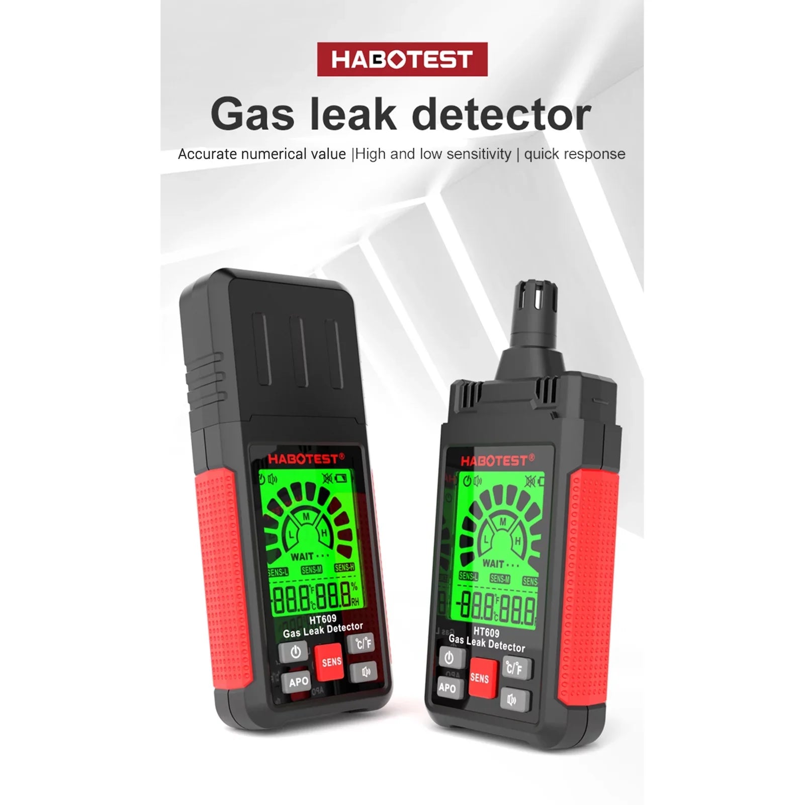 HABOTESizeT HT609 Gas Leak Detector Combustible Gas Detector with LCD Display Audible and Visual Alarm Ambient Temperature and Humidity Methane Natural Gas Hydrogen Detector