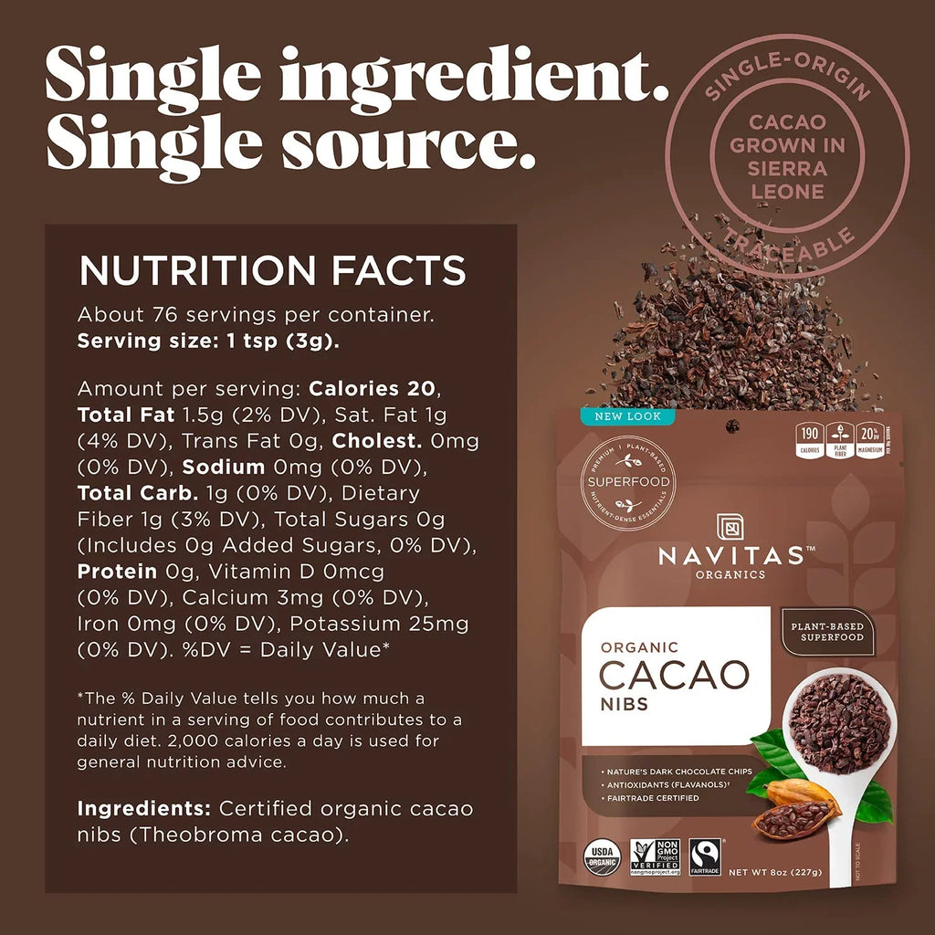 Navitas Organics Raw Cacao Nibs, 8 oz. Bag, 76 Sizeervings  Organic, Non-GMO, Fair Trade, Gluten-Free