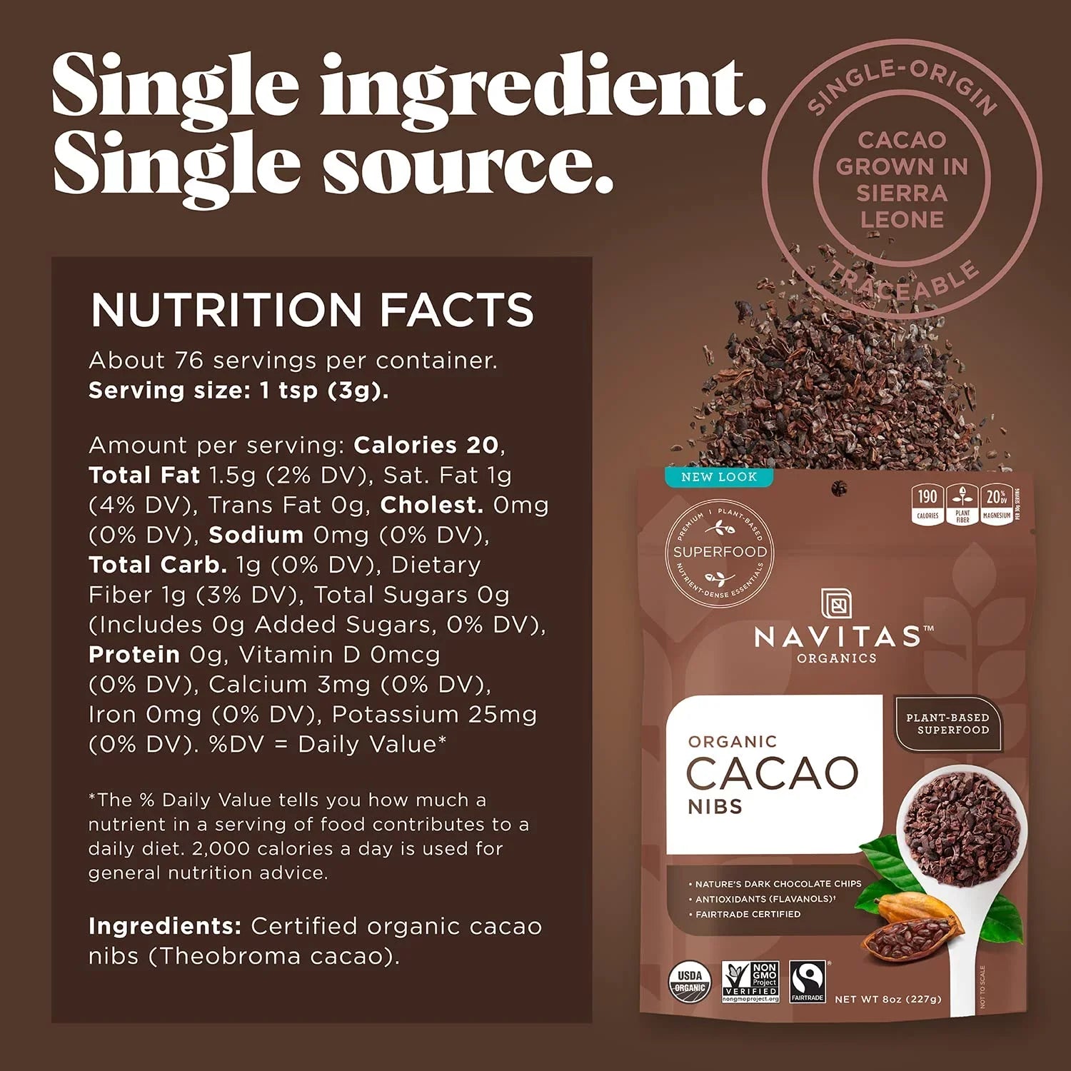 Navitas Organics Raw Cacao Nibs, 8 oz. Bag, 76 Sizeervings  Organic, Non-GMO, Fair Trade, Gluten-Free