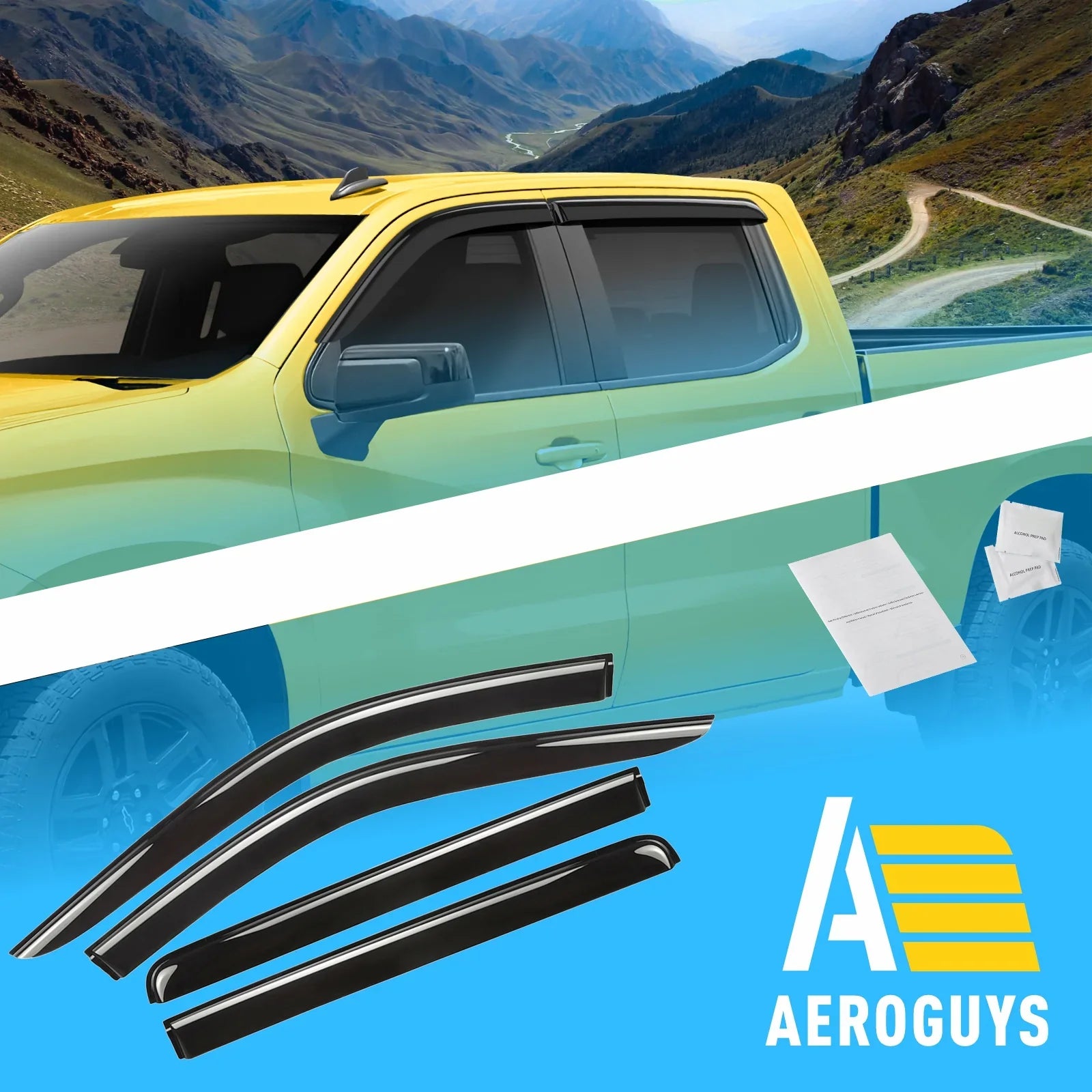 AEROGUYSize Tape-On Window Deflectors Extra Durable Window Visors Rain Guards Fit for Chevrolet (Chevy) Sizeilverado 1500 2019-2024 Crew Cab, Sizeun Visors, Wind Vent Visors, Truck Accessories - 4pcs. AG0422