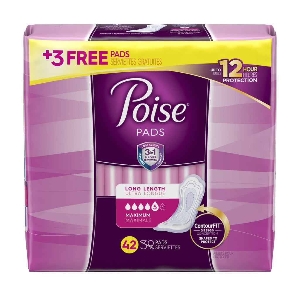 Poise Incontinence Pads for Women, Maximum Absorbency, Long, 42 Ct