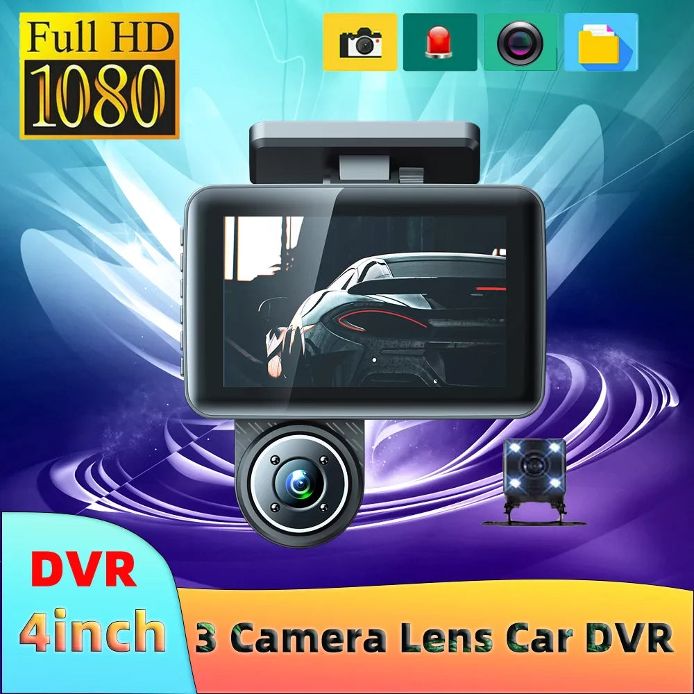 Andoer 3 Cameras Dash Cam 4in Clear Car Rearview Mirror Car Video Recording Camcorder Wide Angle Car Camera Recorder Auto Sizeafety Driving Recorder