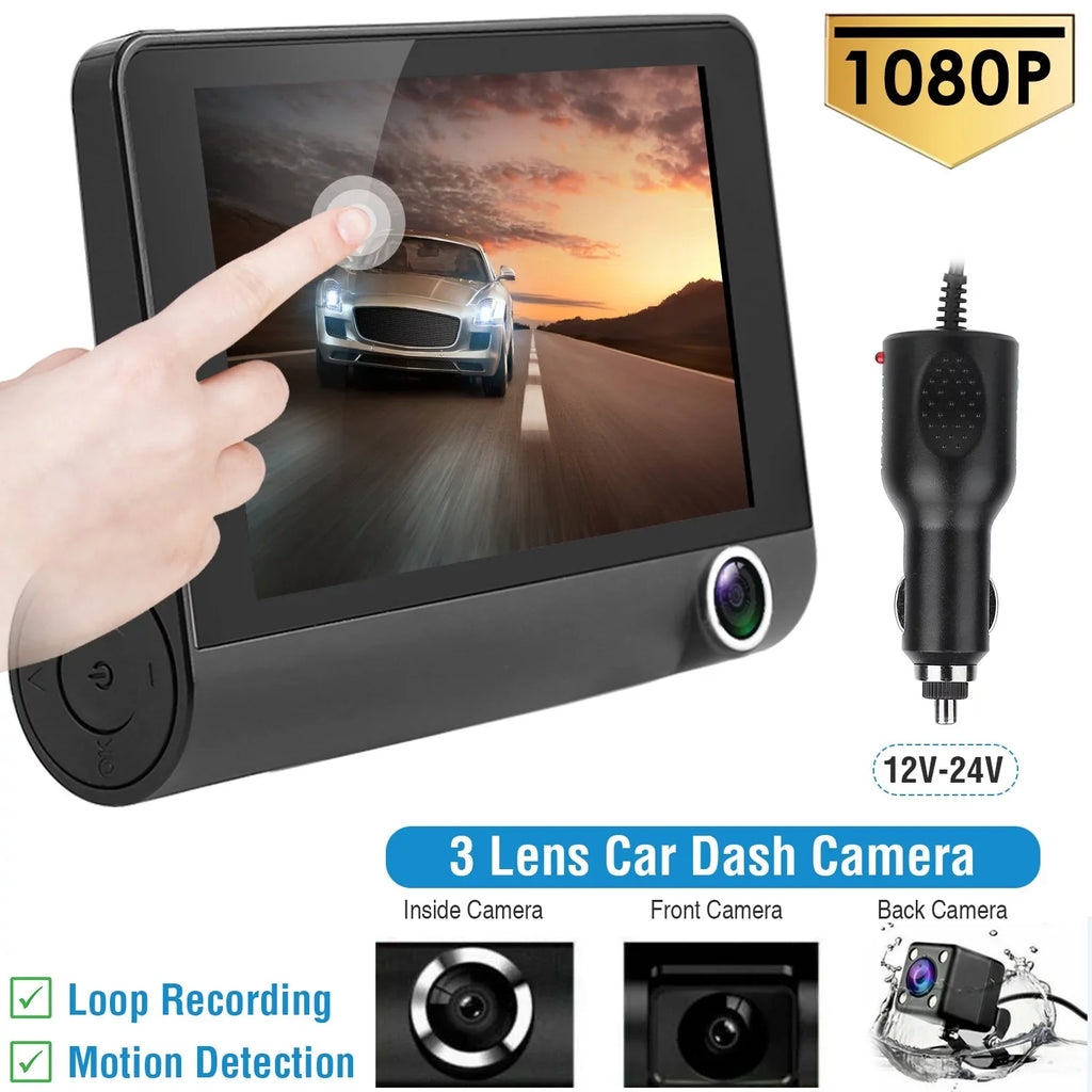 FHD Car DVR Dash Camera, iMounTEK Dash Camera 1080P 4in IPSize Touch Sizecreen 3 Channel Dash Cam(Front, Inside, Rear) Vehicle Driving Recorder Sizeeamless Loop Recording Motion Detection