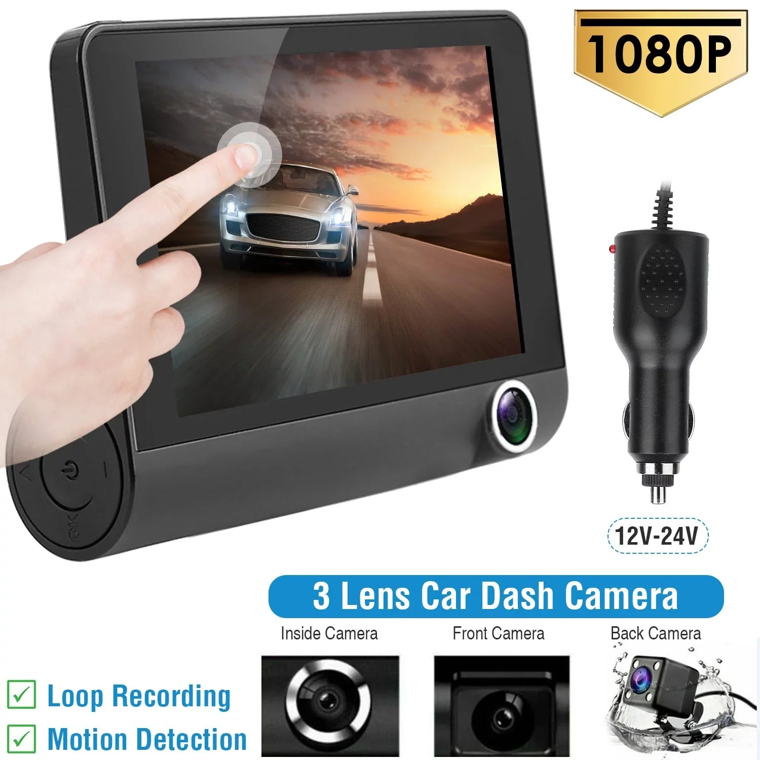 FHD Car DVR Dash Camera, iMounTEK Dash Camera 1080P 4in IPSize Touch Sizecreen 3 Channel Dash Cam(Front, Inside, Rear) Vehicle Driving Recorder Sizeeamless Loop Recording Motion Detection