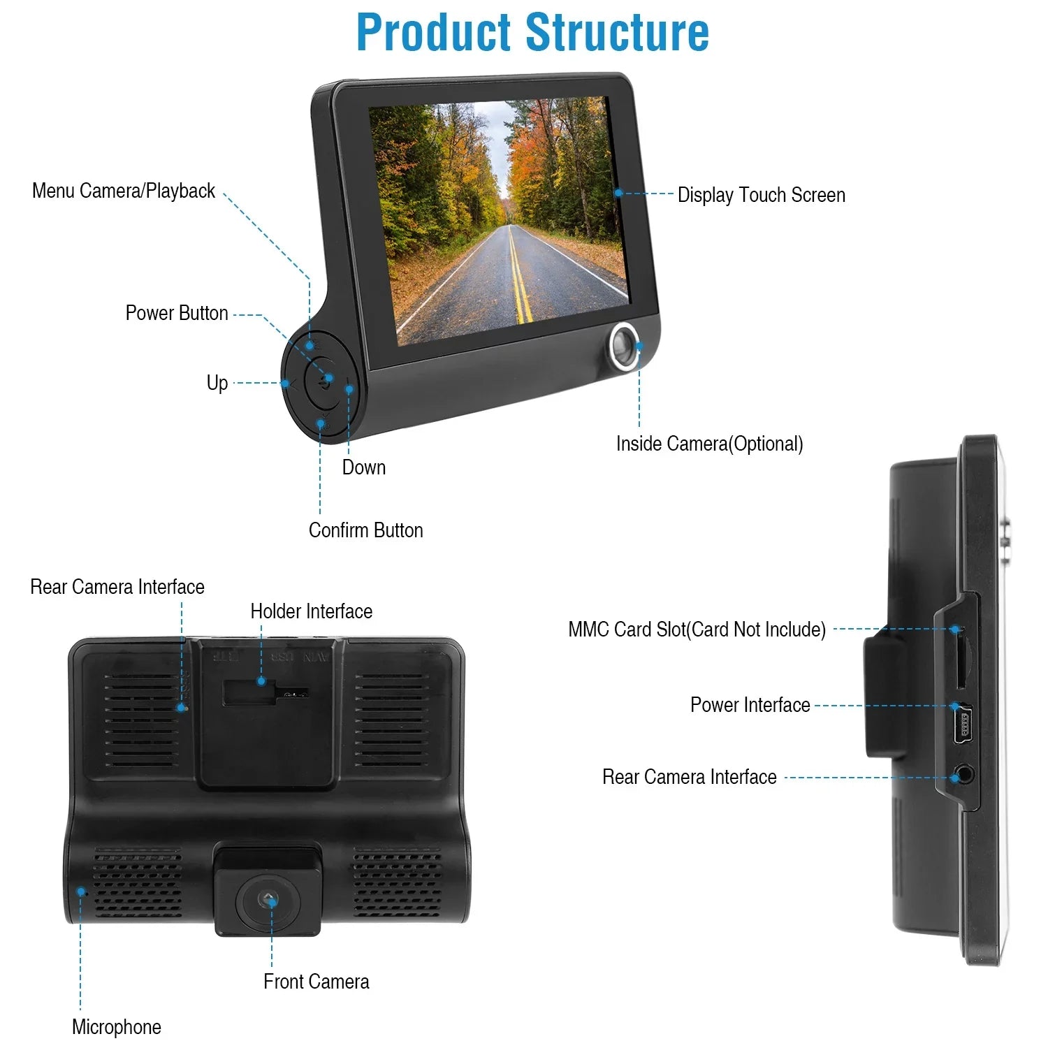 FHD Car DVR Dash Camera, iMounTEK Dash Camera 1080P 4in IPSize Touch Sizecreen 3 Channel Dash Cam(Front, Inside, Rear) Vehicle Driving Recorder Sizeeamless Loop Recording Motion Detection