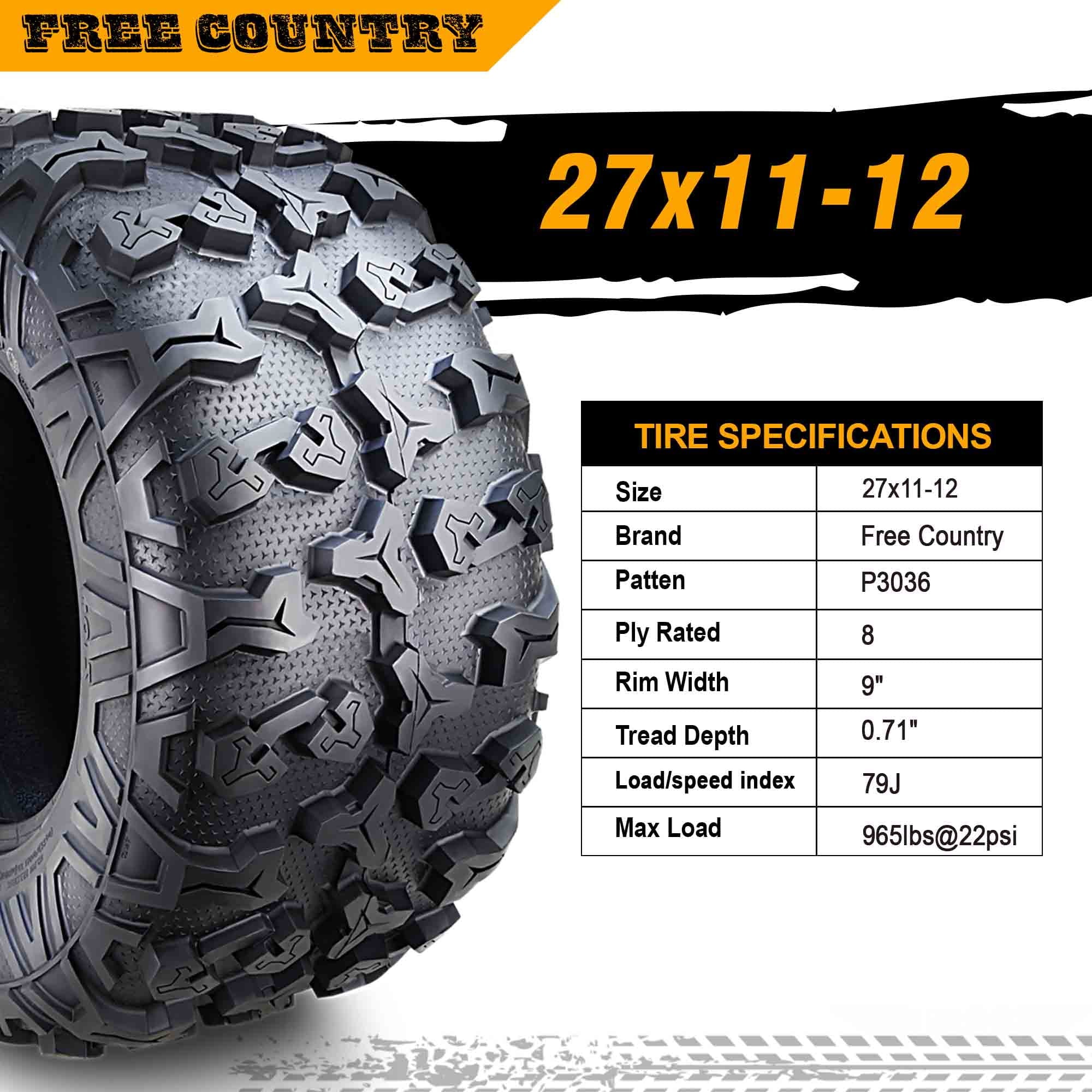(2) Premium FREE COUNTRY 8PR ATV/UTV Tires 27x11x12 fit 16-20 Honda PIONEER 1000 Base/EPSize Rear