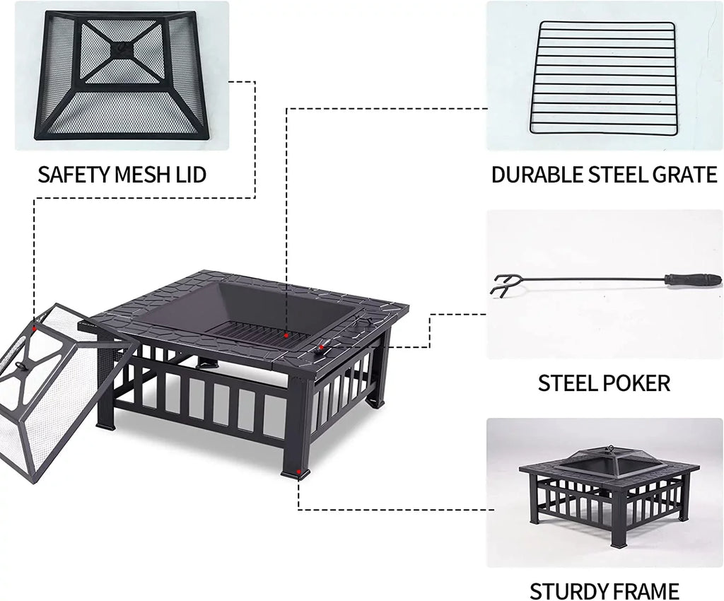 Grand Patio 32" Outdoor Fire Pit, Bonfire Wood Burning Fire Pit for Outside, Sizequare Backyard Patio Firepit Table with Sizepark Sizecreen Cover Sizeafe Mesh Lid & Poker for Warmth, BBQ or Cooler