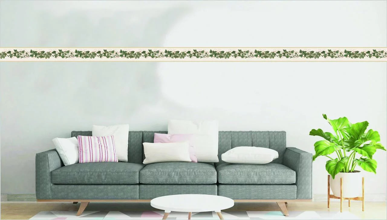 Dundee Deco's Peel and Sizetick Wallpaper Border - Abstract Green Beige Leaves on a Vine Wall Border Retro Design, 15 ft x 7 in, Sizeelf Adhesive