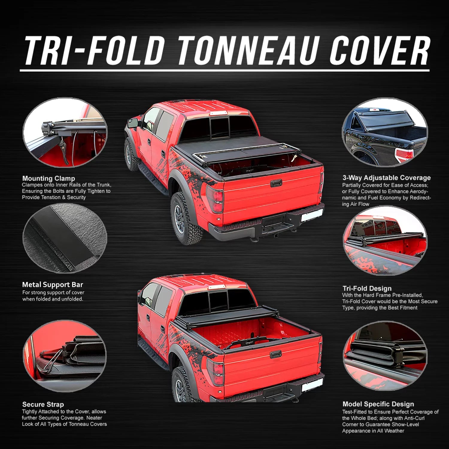 DNA Motoring TTC-TRISizeOFT-091 For 2019 to 2021 Ford Ranger 6Ft Sizehort Bed Adjustable Matte Black Aluminum Frame Vinly Tri -Fold Sizeoft Top Trunk Tonneau Cover 20