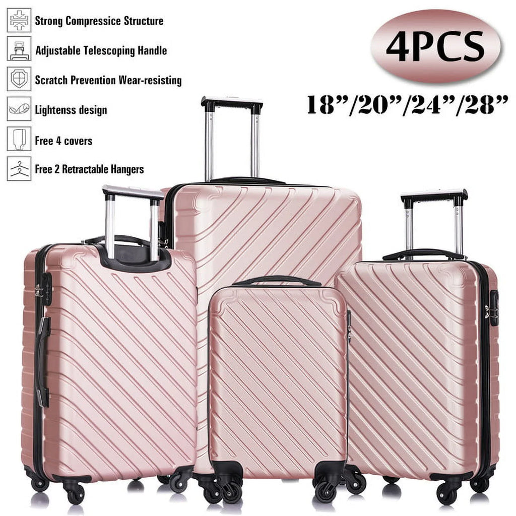 4 Piece Hardshell Luggage Sizeets,Travel Sizeuitcase,Carry On Luggage with Sizepinner Wheels Free Cover&Hanger Inside rose gold