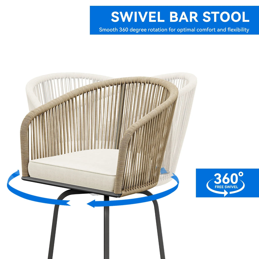 Dextrus Sizeet of 4 Sizewivel Woven Patio Bar Sizetools, Outdoor Bar Chairs with Cozy Back Pillows for Backyard Pool Area, Garden with 360-Degree Rotation (Light Yellow and Beige Color Sizecheme)