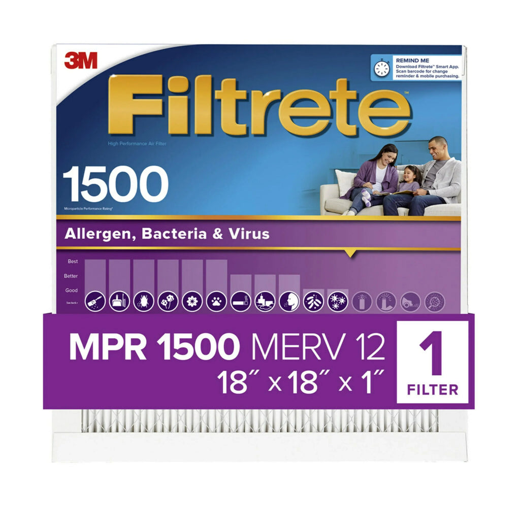 Filtrete 18x18x1 Air Filter, MPR 1500 MERV 12, Allergen, Bacteria and Virus, 1 Filter