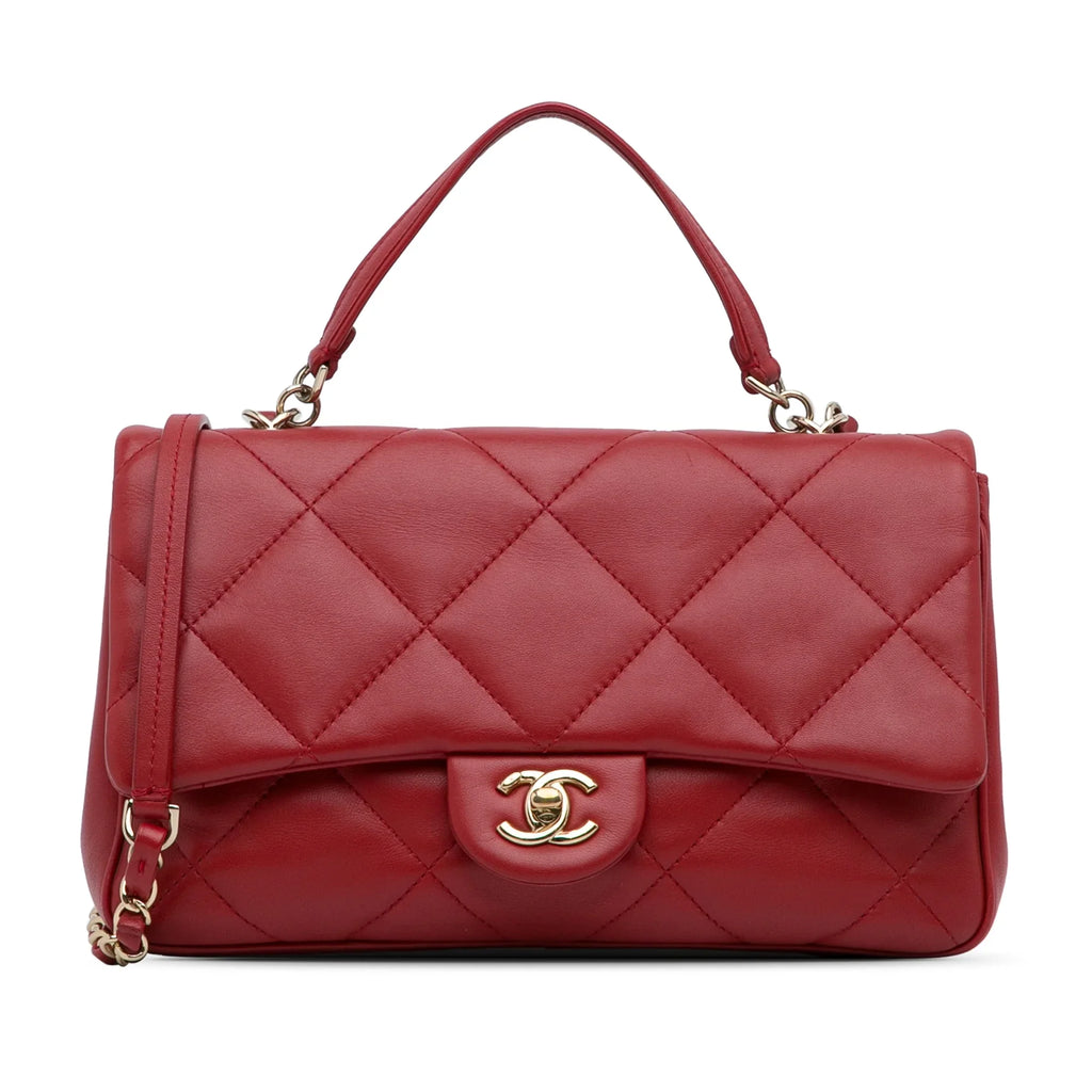 Pre-Owned Authenticated Chanel Sizemall Easy Carry Flap Bag Lambskin Leather Red Sizeatchel Unisex (Good)