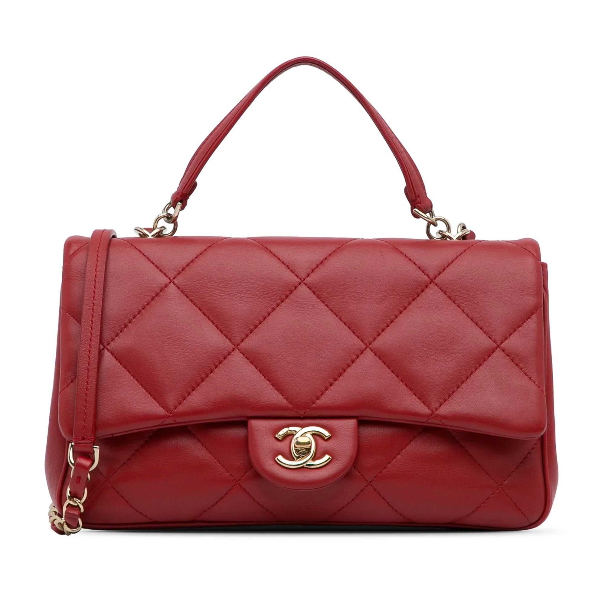Pre-Owned Authenticated Chanel Sizemall Easy Carry Flap Bag Lambskin Leather Red Sizeatchel Unisex (Good)