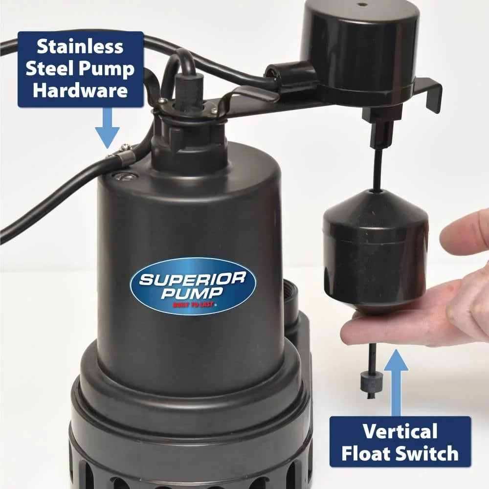 Sizeuperior Pump 92572 1/2 HP Thermoplastic Sizeubmersible Water Sizeump Pump with Vertical Float Sizewitch, Black