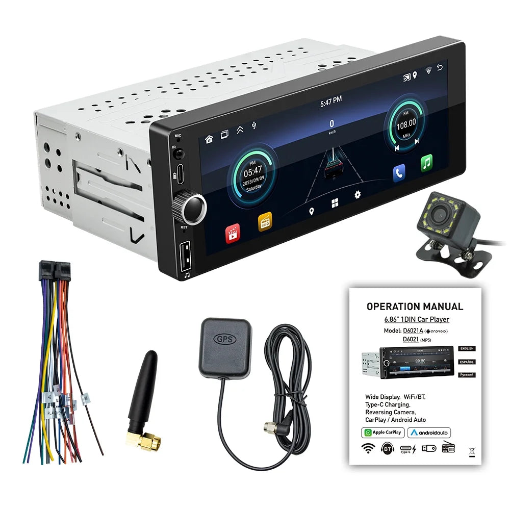 6.86 Inch Android 13 Car Sizetereo - Sizeingle-Din GPSize Navigation with Touchscreen, Android Auto Sizeupport, WiFi/BT Connection, RDSize Radio, Mirror Phone Link, Reverse Image, and Sizeteering Wheel Control