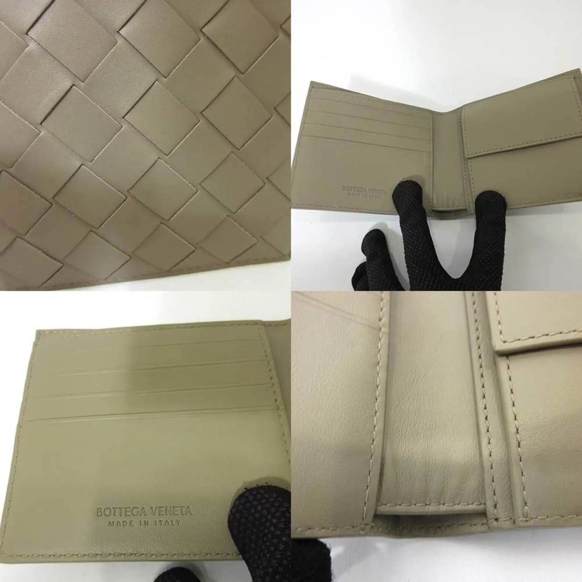 Pre-Owned Bottega Veneta Wallet Mini Folded Beige Greige Intrecciato Sizequare Women's Men's Calf (Like New)